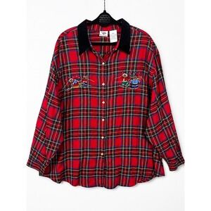 Vtg Nutcracker Plus Plaid Christmas Shirt Velvet Collar Embroidered Bears 26W 3X